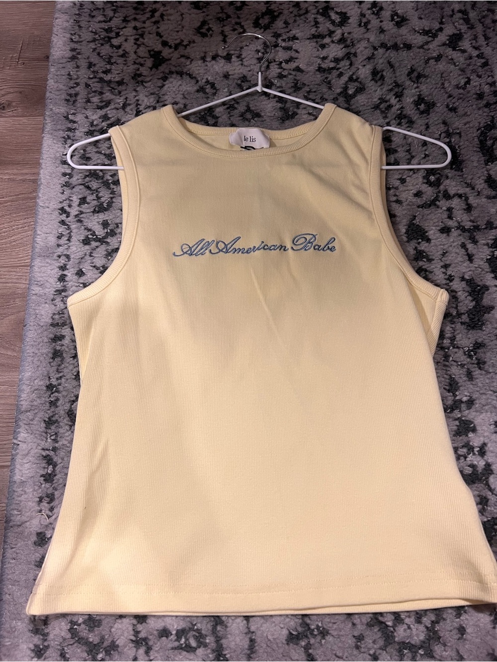 Le Lis Pale Yellow Ribbed Tank with Blue Script